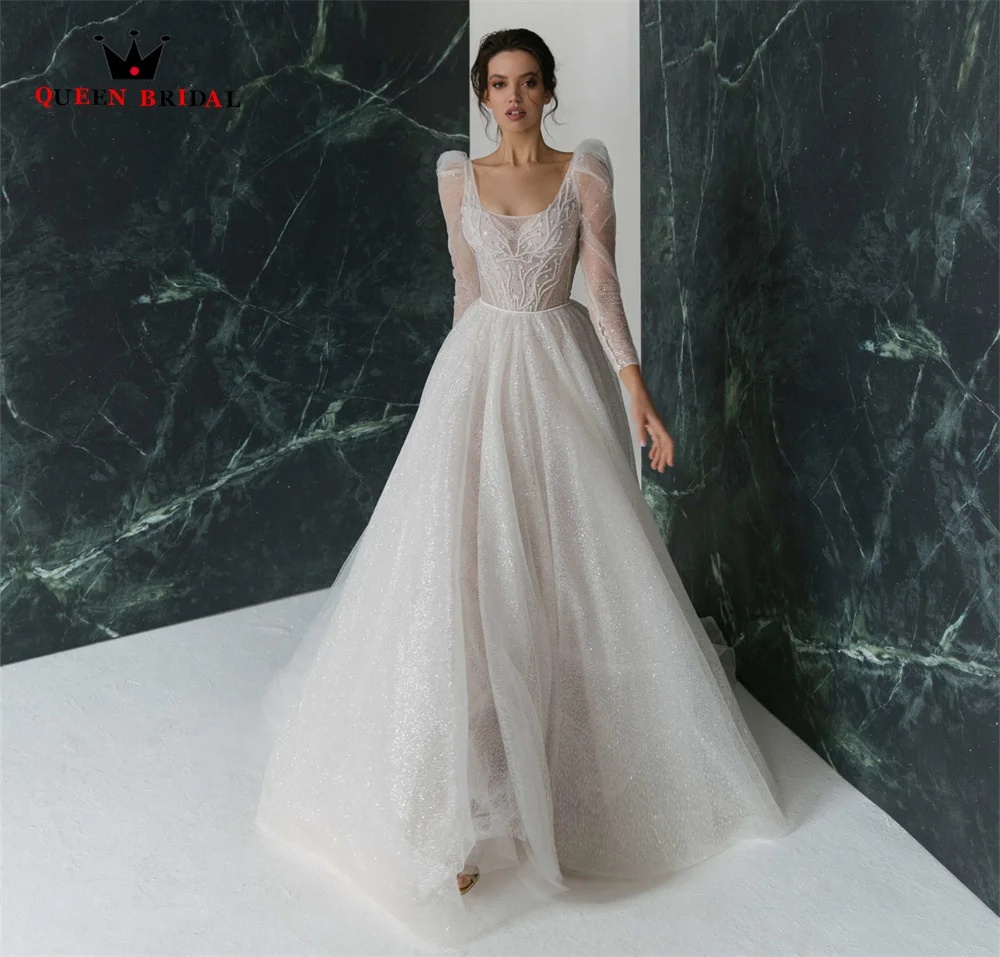 Abiti da sposa eleganti con maniche lunghe a sbuffo a trapezio abito da sposa formale con perline di cristallo in Tulle 2022 nuovo Design DZ12 su misura