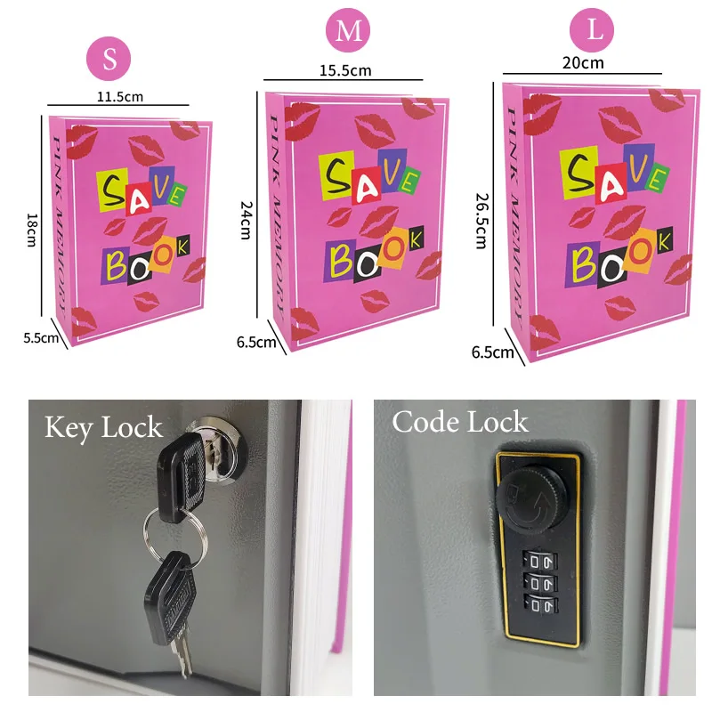 Metal Secret Safe Box Pink Memory Book Style Portable Hidden Organizer Code/Key Lock Jewelry Storage Box For Home Office Travel