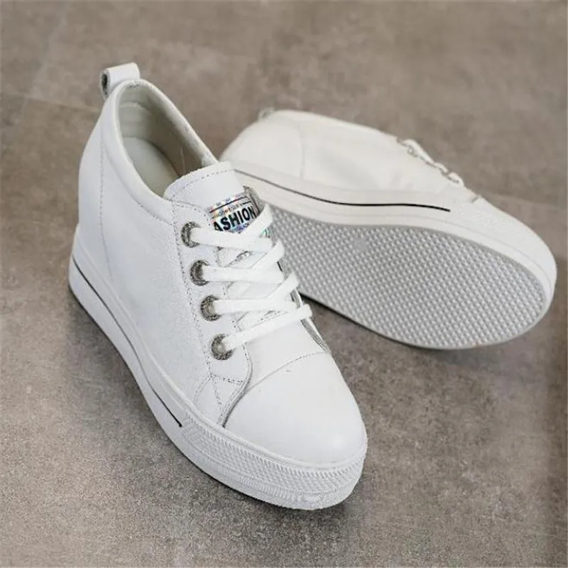 Women Leather Wedges Sneakers Woman Lace-up High heel Platform Shoes Female Height increase Casual Shoes