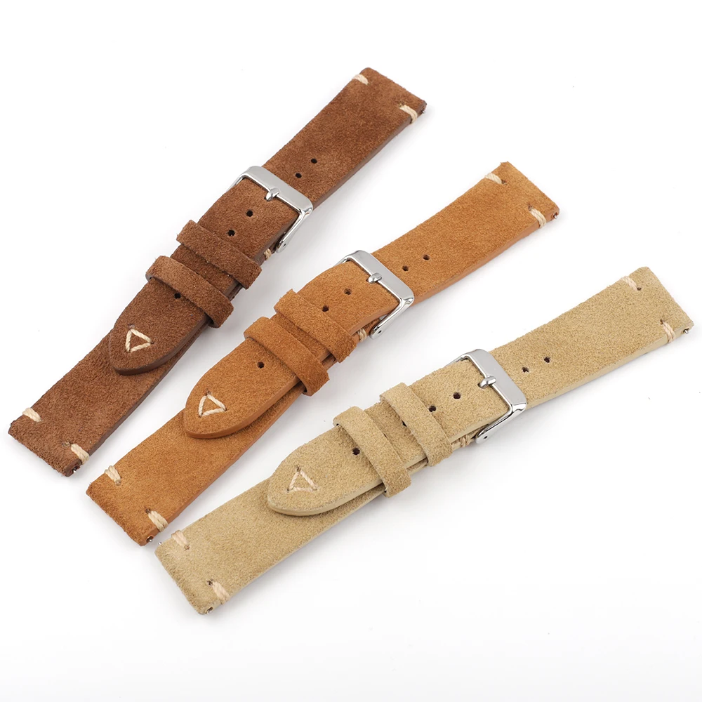 Suede Leather Watchband Strap 18mm 19mm 20mm 22mm Quick Release Watch Strap Belt Handmade Stitched Retro Aatch Accessories