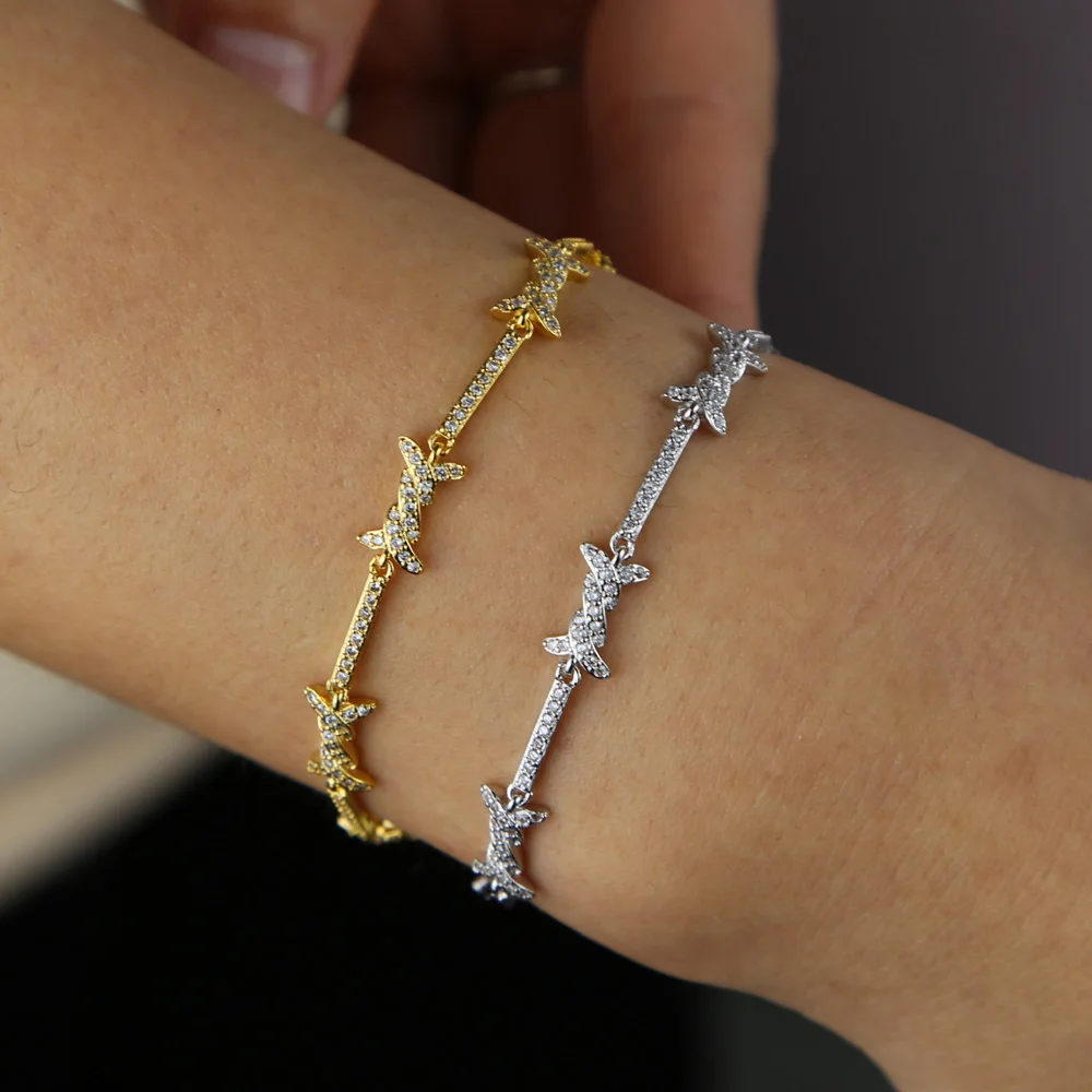 High Quality Clear CZ Barbed Wire Charm Link Chain Bracelet 15+4cm Adjusted Silver Color Delicate Fashion Jewelry For Women