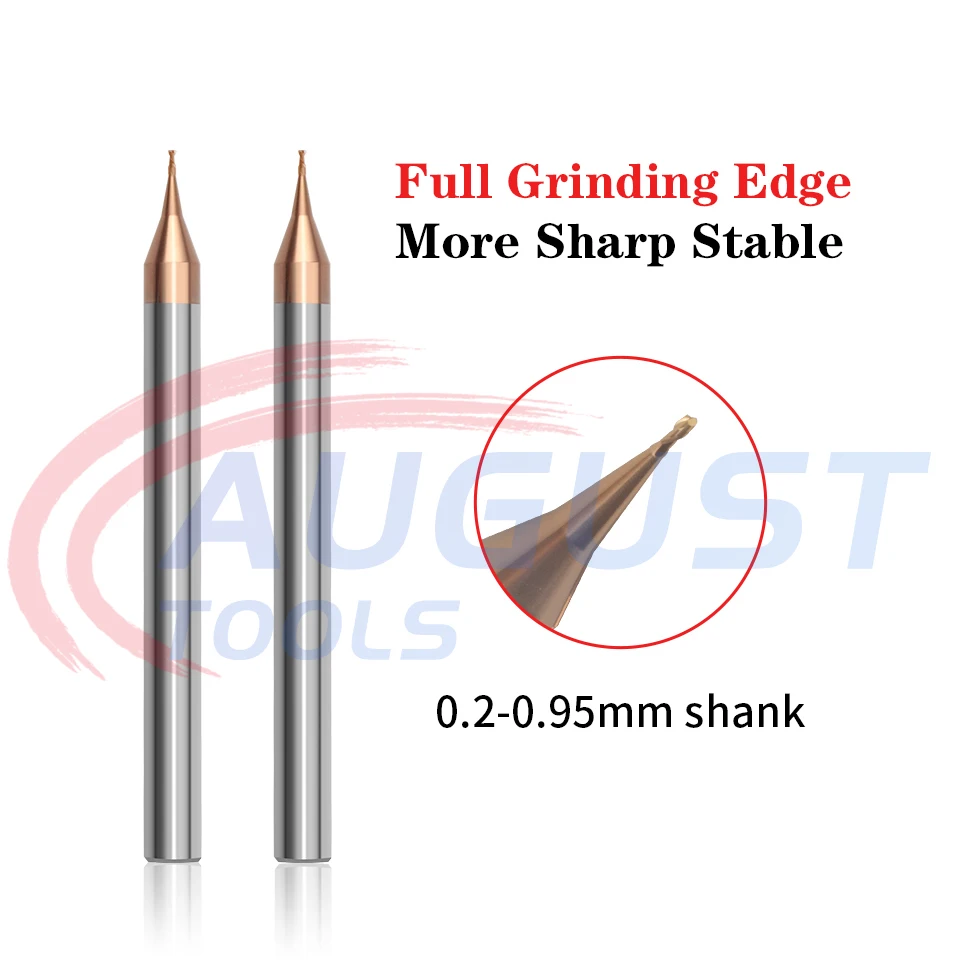 AUGT HRC60 0.2-0.9mm Micro Flat End Mill 4mm Shank Tungsten Carbide CNC Router Bit TiCN Coated 2 Flute Metal Mini Milling Cutter