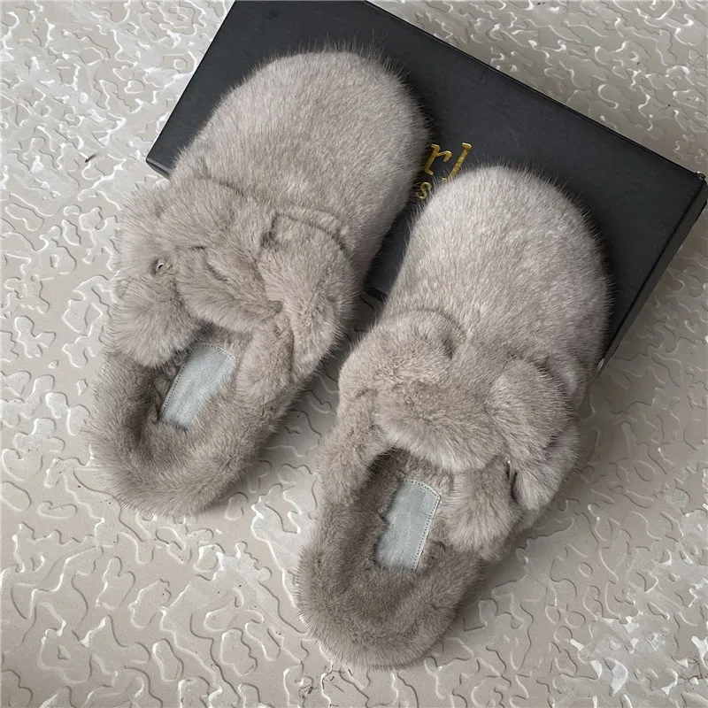 2022 The New Ladies Fur Slippers 100% Mink Fur Slippers Autumn And Winter Furry Flat Slippers Indoor Slippers Muller Slippers