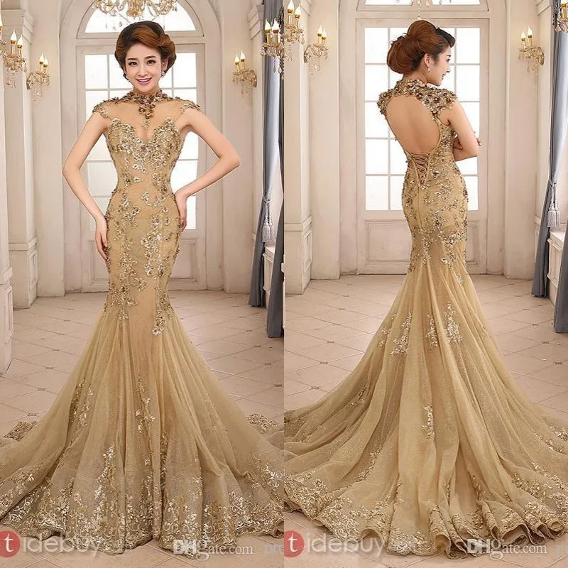 

2020 New Arrival Luxury Gold Mermaid High Neck Backless Chapel Train Sequins Lace Appliqued Tulle Evening Mother of Bride Dress