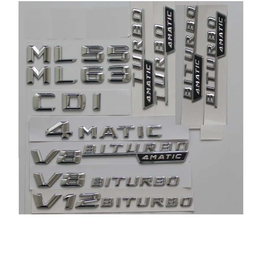 

3D Chrome Letters Trunk Fender Badges For Mercedes Benz ML55 ML63 ML65 AMG Symbols V8 BITURBO TURBO 4MATIC Emblems