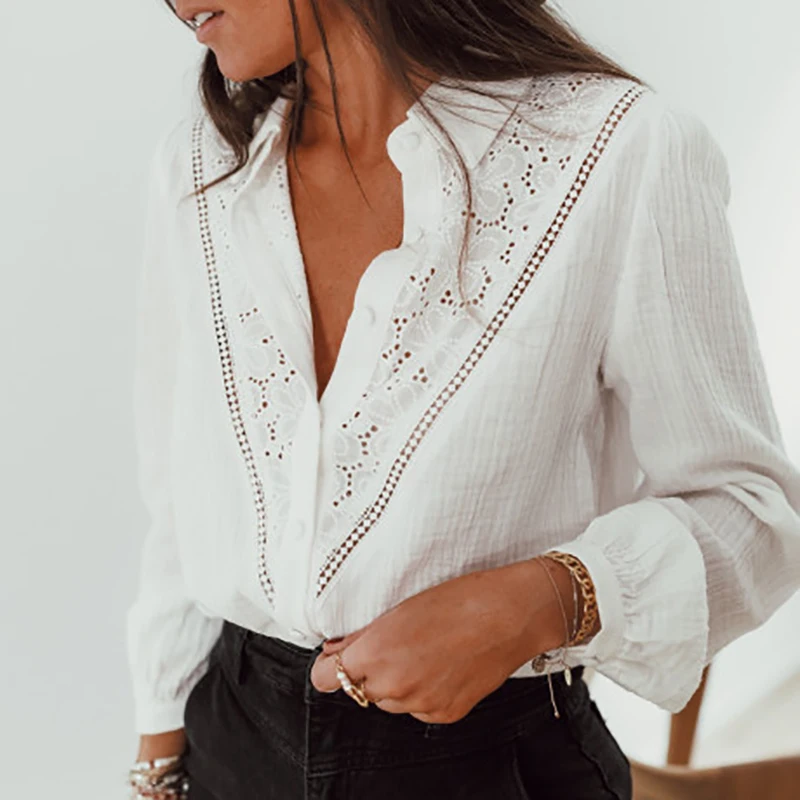 Ardm Vintage Embroidery White Blouses Lace Long Sleeve V Neck Korean Fashion Blouses Femme Spring 2021 Chic Tops Casual Shirt