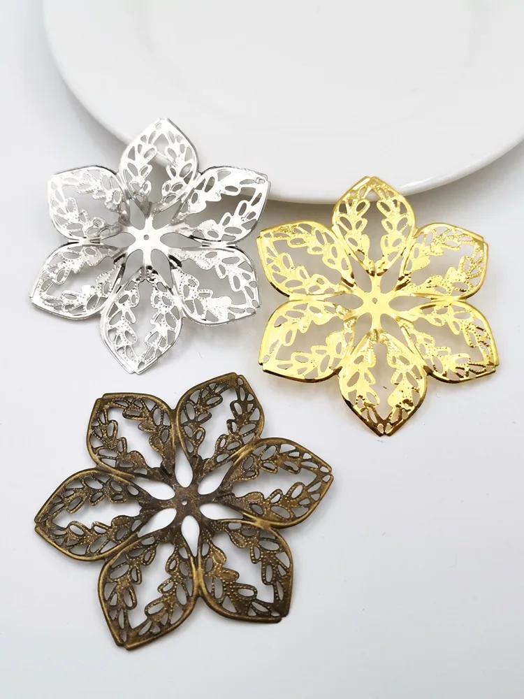 10 Pieces/lot 64mm Antique bronze/Gold Color/White K Metal Filigree Big Flower Slice Charms Base DIY Jewelry Accessories