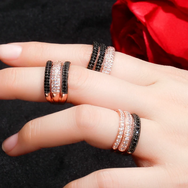 CWWZircons Adjustable Size 3 Layers Black White CZ Stone 585 Rose Gold Color Open Rings Female Wedding Engagement Jewelry R165 - Image 5