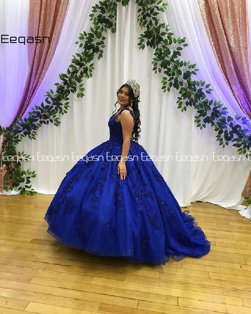 Eeqasn – robe De soirée pour filles, bleu Royal, col en V, avec des appliques en dentelle, nouvelle collection 2021