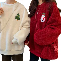 Autumn Winter Casual Oversized Fluffy Hoodie Women Christmas Tree Snowman Embroidery Fleece Pullover Sweatshirt Matching Bag