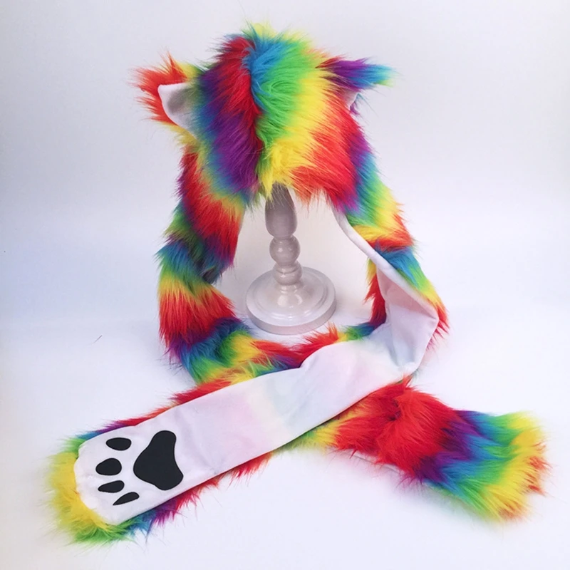 Frauen Regenbogen Streifen Pelzigen Tier Hoodie Flauschigen Plüsch Ohren Pfoten 3 In 1 Multifunktionale Earflap Schal Handschuhe ohrenschützer – Detail 9