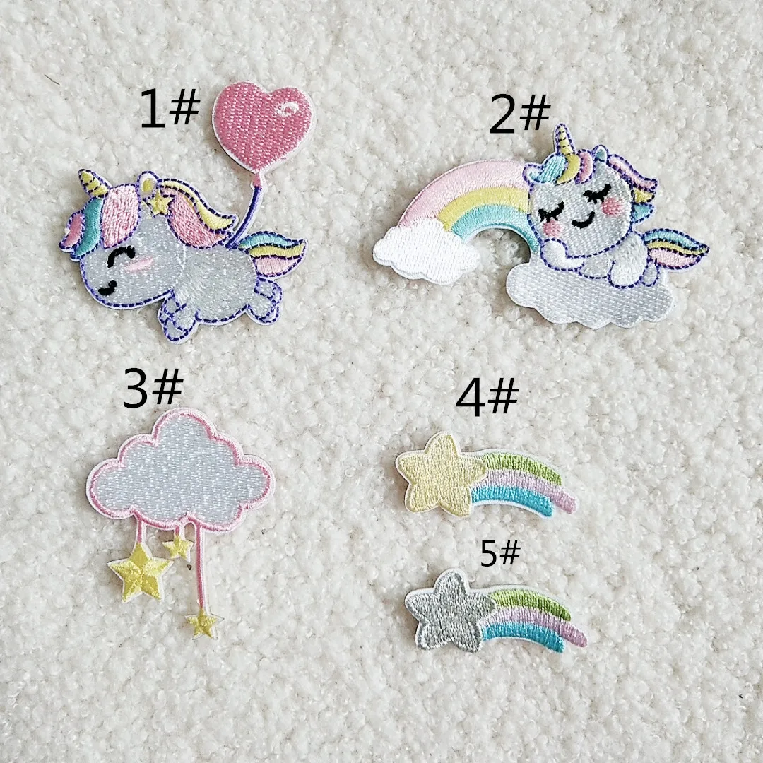 Self-adhesive Cartoon Unicorn Rainbow Star Embroidery Iron Patches for Clothing Sticker on Clothes Hole Repair Appliques Stripes