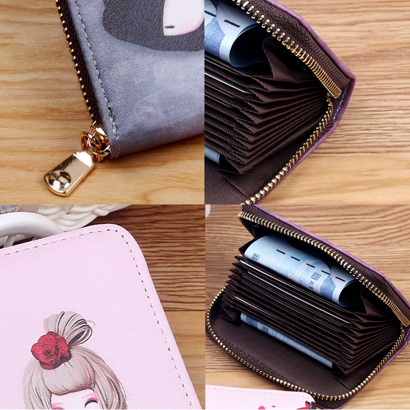 New Fashion Printed Women Card Bag PU Leather Wallet Cartoon  Girl Mini Zipper Clutch Bag Business Card Case Credit Card Holder