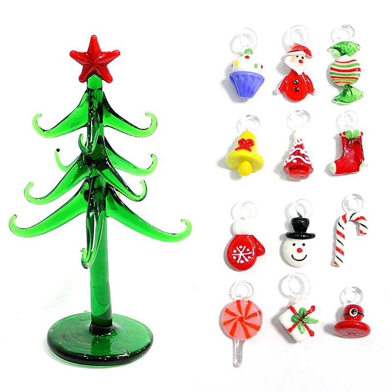 Murano Glass Plant Crafts Figurines Ornaments Home Decor Simulation Christmas Tree Small Sculpture With 12 Pendant Accessories