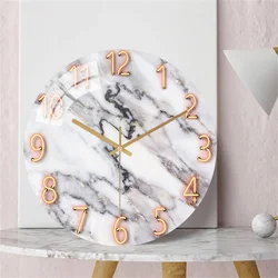White Marble Wall Clock 12 Inch Silent Non Ticking Quartz Retro Fashion Pattern Clocks Wall Decorative for Living Room Kitchen