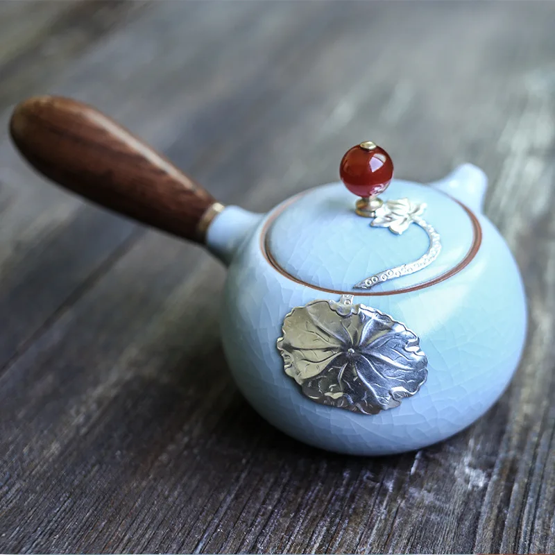 Ru Kiln Side Handmade Silver Inlaid Teapot Split Ru Porcelain Single Pot Chicken Wing Wood Japanese Tea Maker Kung Fu Tea Set