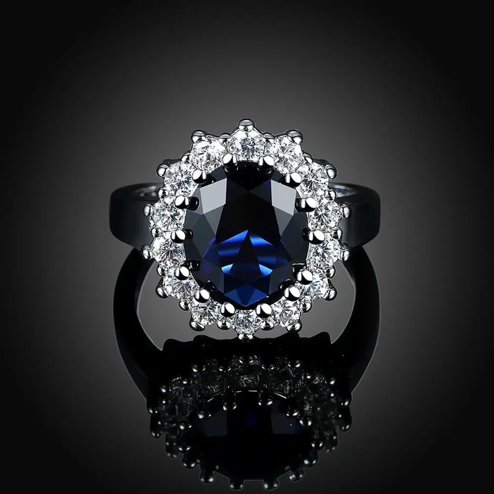 Princess Diana William Kate Gemstone Rings Sapphire Blue Wedding Engagement 925 Sterling Silver Finger Ring for Women