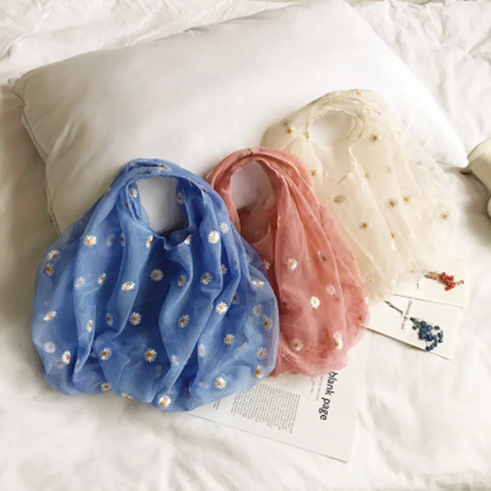 Women Light Single Shoulder Bag Mesh Embroidery Daisy Hand Bag Cute Fairy Shopping Bag Handbag Women\'s Bag Spring and Summer