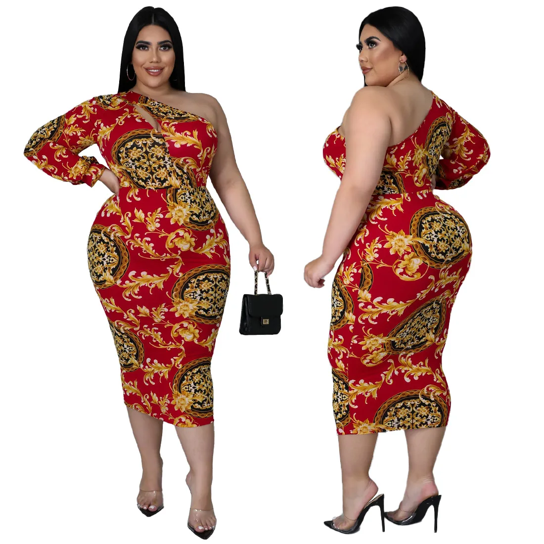 Elastic African Dresses for Women Print Bodycon Midi Dress African Clothes Dashiki Sexy One Sleeve Robe Femme