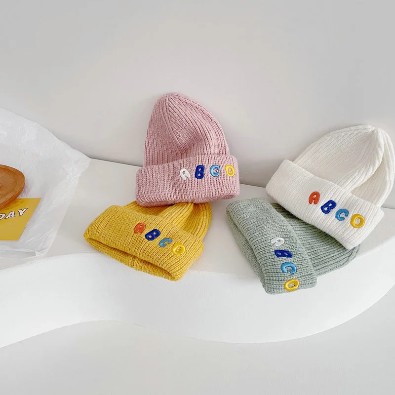 Baby Hat Solid Color Boy Girl Cartoon ABC Embroidery Winter Kids Knitted Hats Children Warm Beanies Child Caps For Babies