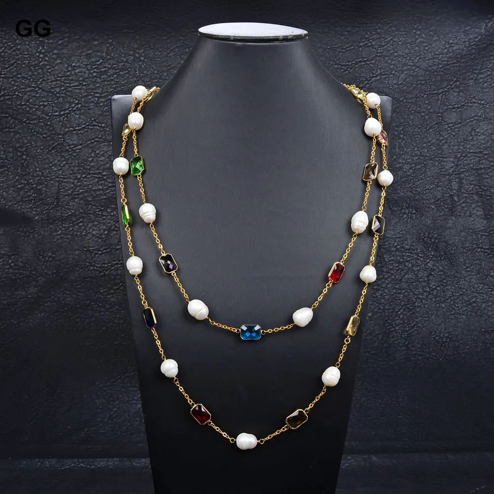 G-G Natural Pearl  64\'\' Natural White Rice Pearl Crystal Gold Color Plated Chain Long Necklace For Women