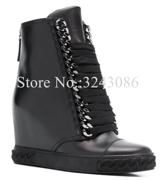 Woman New Black Leather Chains Decor Ankle Boots Fashion 8cm Increasing Heel Wedge Shoes Lady Sexy Platform Casual Boots