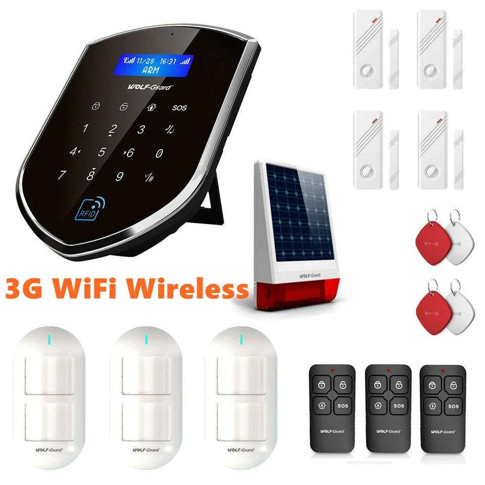 

New 3G WIFI Wireless Wired GSM SMS Autodial Intruder Burglar Home Alarm System with Pet-friendly PIR Sensor + Solar Strobe Siren