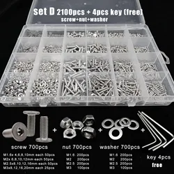 400/650/1140/2100pc M1.6 M2 M2.5 M3 M4 M5 304 Stainless Steel Hexagon Hex Socket Ultra Thin Flat Head Screw Bolt Nut Set Kit Box