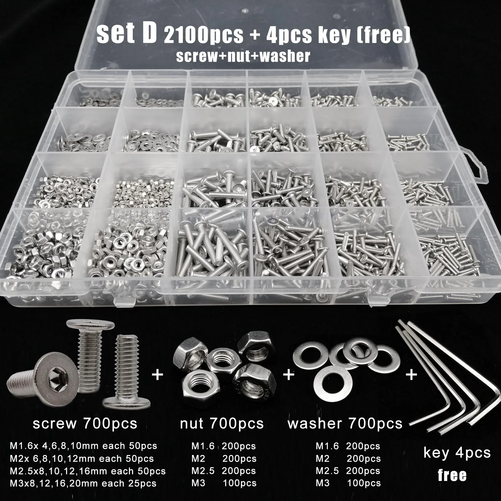 400/650/1140/2100pc M1.6 M2 M2.5 M3 M4 M5 304 Stainless Steel Hexagon Hex Socket Ultra Thin Flat Head Screw Bolt Nut Set Kit Box