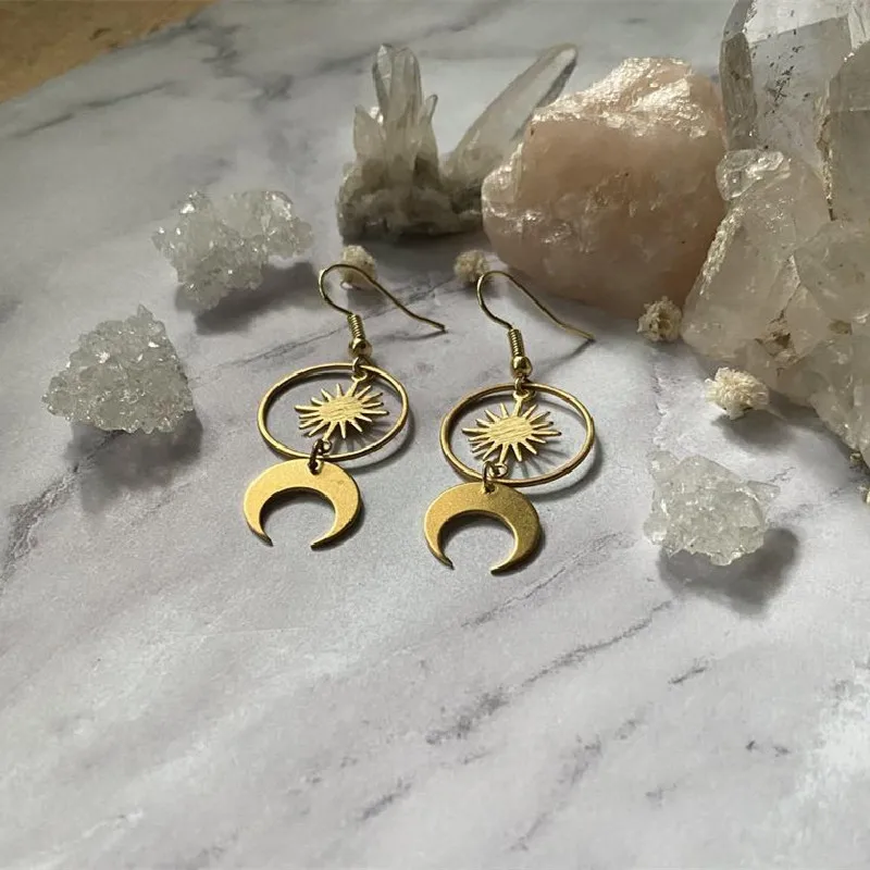 Silver Colour Geometric Celestial Sun Moon Earrings Drop Crescent Phase Boho Witchy Hippie Jewelry Punk Women Gift Fashion Trend