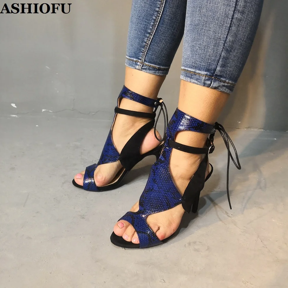 

ASHIOFU 2023 Hot Style Real Photos Ladies High Heel Sandals Two-tones Slingback Party Prom Shoes Lace-up Evening Fashion Sandals