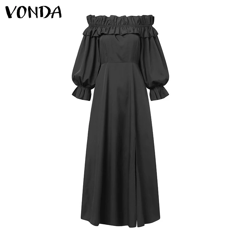 Off Shoulder Maxi Dress 2023 VONDA Women Vintage Long Sleeve High Slit Party Ruffled Dress Casual Vestido Oversized Robe Femme