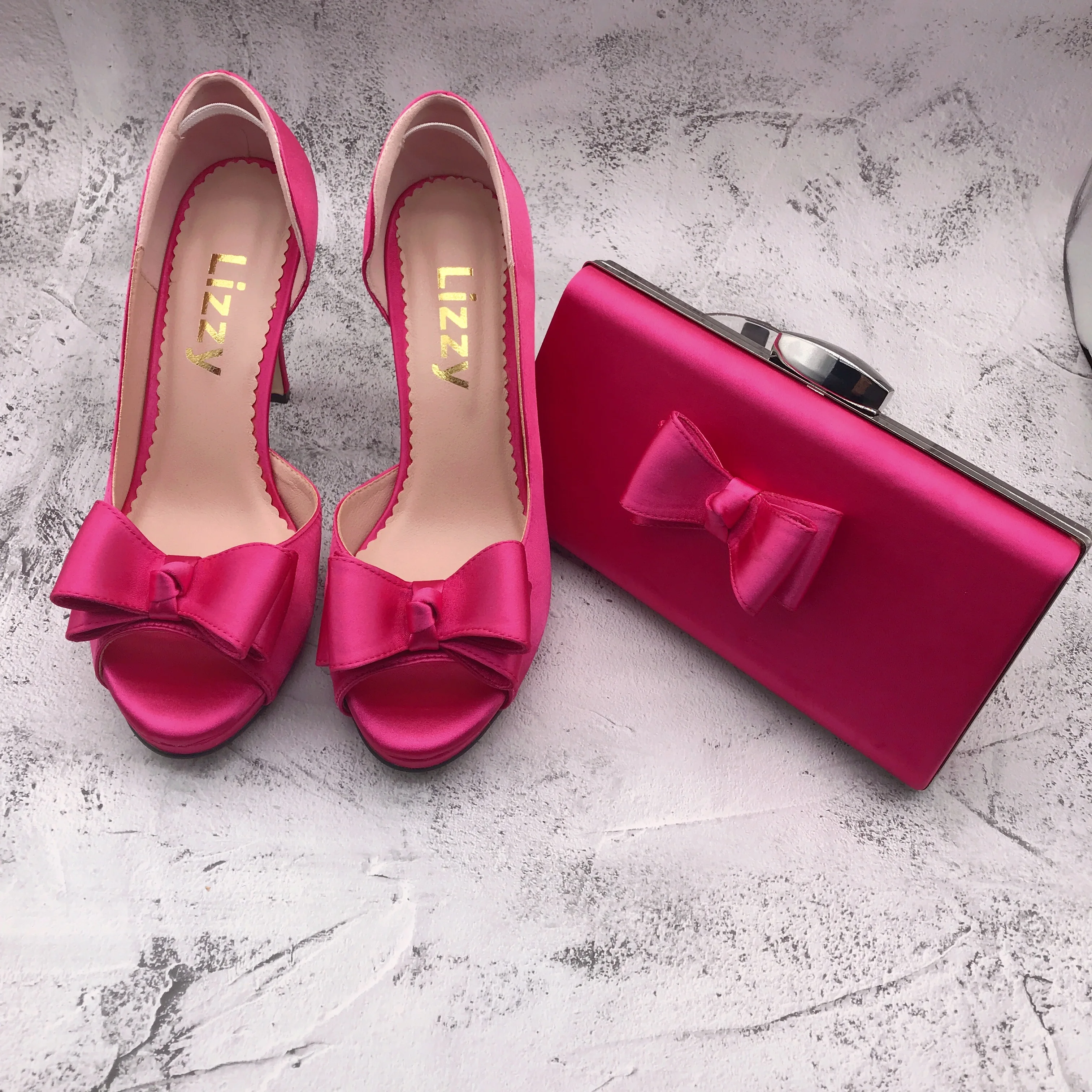 BS1344  Custom Made Peep  Toe Women Shoes Dress Pumps Bridal Wedding Shoes  Fuchsia Pink Bow Shoes With Matching Bag Set