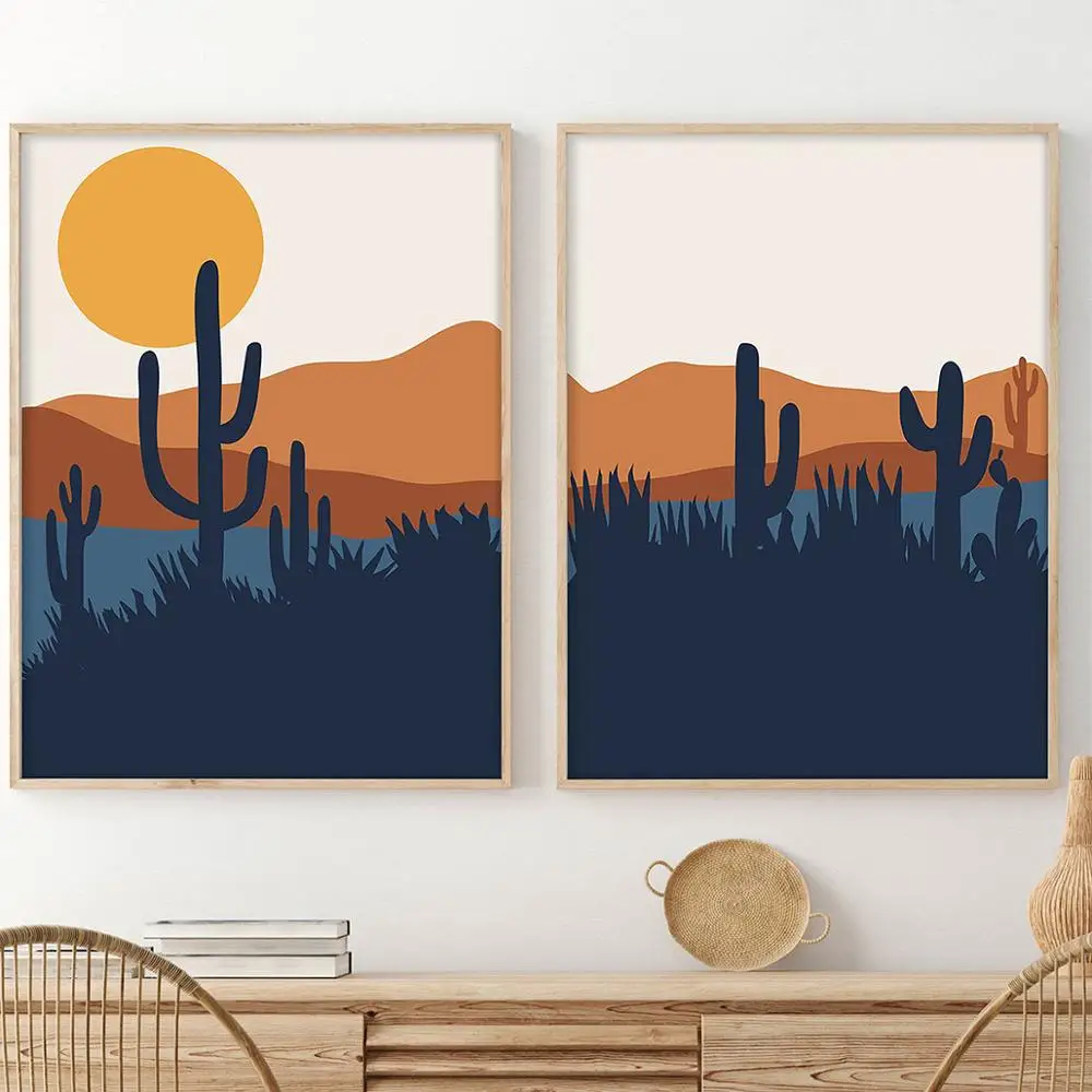 

Mid Century Modern Desert Poster Landscape Canvas Art Print Mountain Cactus Nordic Wall Pictures Painting Living Room Decoration