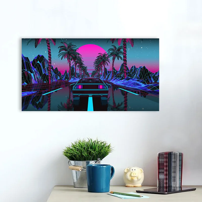 Car Night Scenery Retrowave Palm Trees Poster Artwork Wall Art Picture Print Canvas Painting For Home Living Room Decor