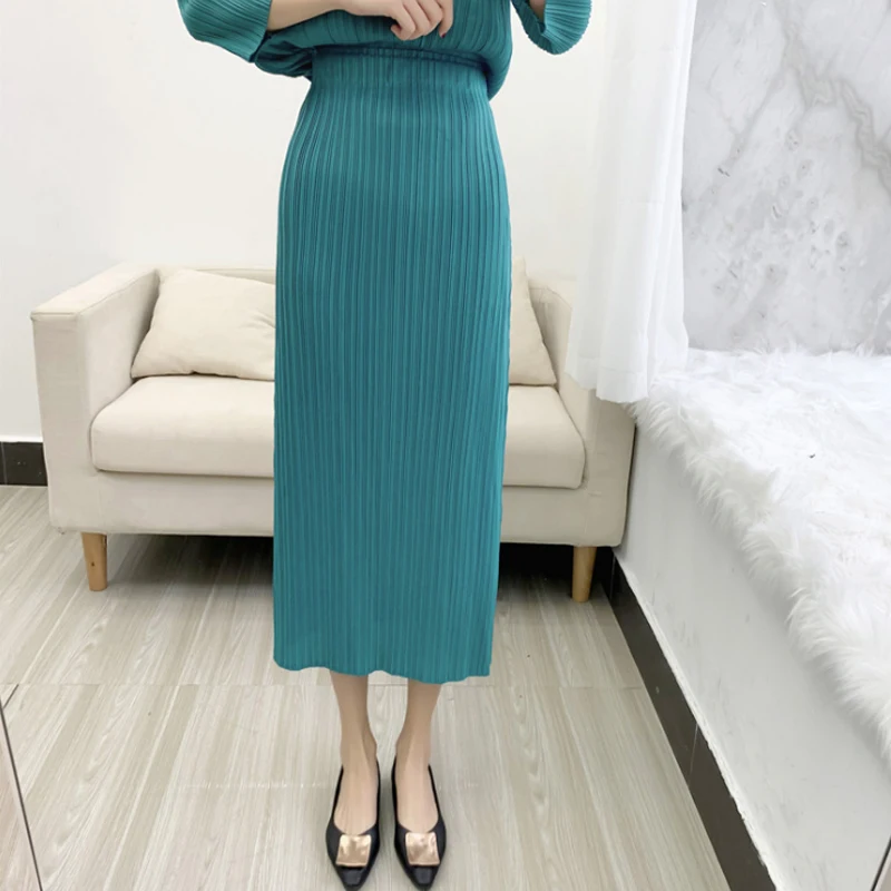 

miyake pleated long skirt yellow slim basic Hip Skirt 2021 Summer new fashion folda casual solid skirt for woman