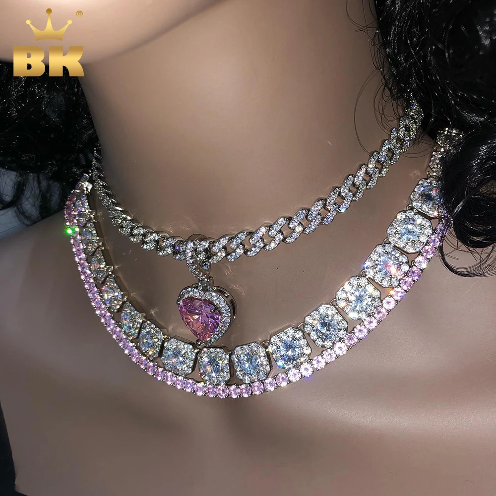 THE BLING KING Heart Crystal Pendent Necklaces Iced Out Pink Cubic Zirconia Charm Necklace For Women Fashion Hiphop Jewelry