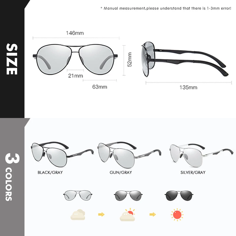 Óculos de sol fotocromático polarizados para homens e mulheres, óculos de sol com segurança, design clássico de marca piloto antirreflexo