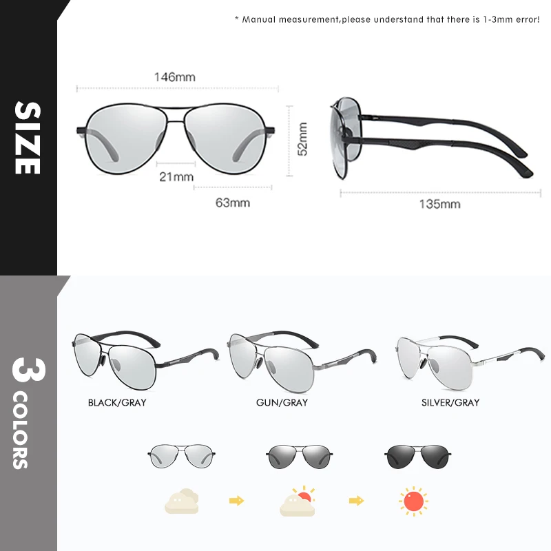 Classic Brand Design Pilot Photochromic Sunglasses Men Polarized Safety Driving Sun Glasses Women Anti-Glare gafas de sol hombre