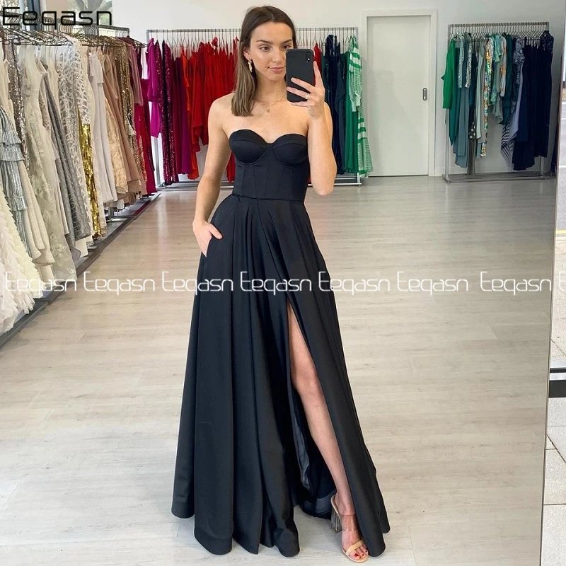 

Black Satin A Line Long Evening Dresses Sexy V Neck Backless Prom Dress with Pockets Formal Special Occasion Gowns