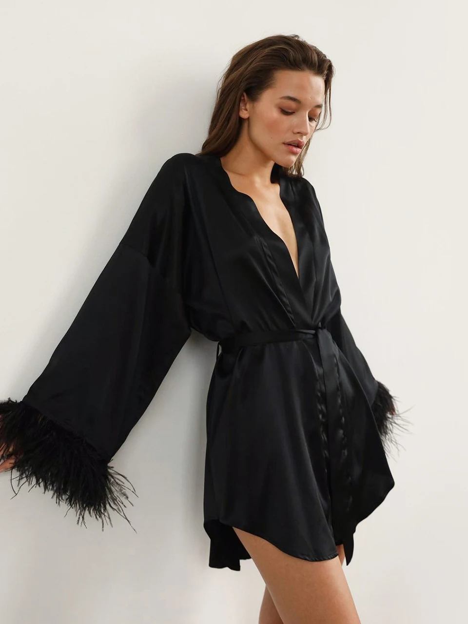 Women's Nightgowns Fashion Feather Patchwork Robe Solid Color Robes Women Pajama Lace Up Bathrobes Feather Long Sleeve Nightwear