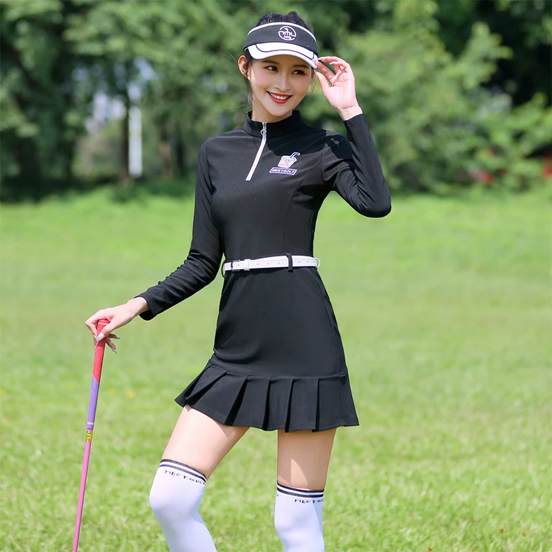 MG Long Dress New Autumn Winter Golf Sports Wear Clothes Women's Long-Sleeved Black Mid-Length Slim High-Elastic Siamese Skirt