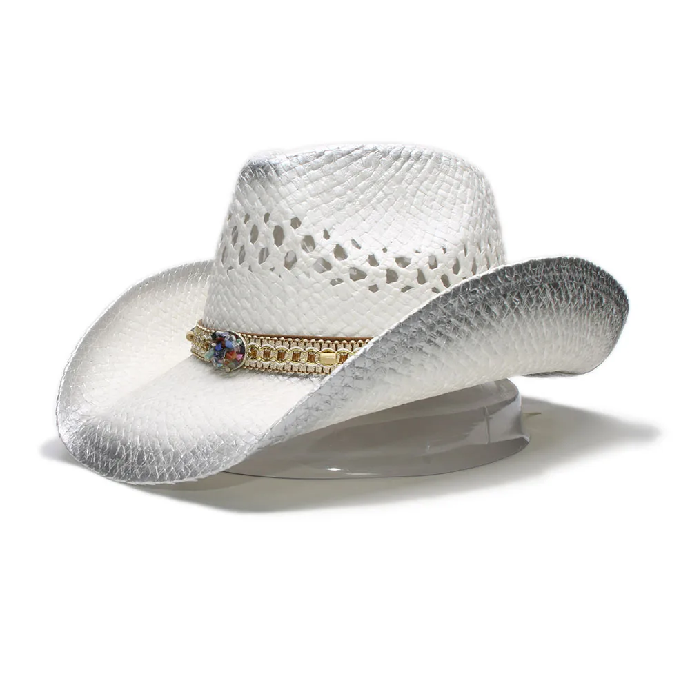 Silver Unisex Raffia Straw Bohemia Style Hollow-out Wide Brim Beach Cowboy Cowgirl Western Hat Spall Stone Knitted Band (58cm)