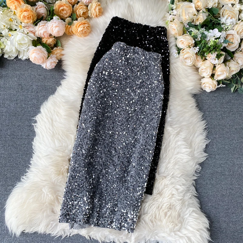 

Bling Sequins Pencil Skirt Elastic Waist Women Bodycon High Waist Skirt Feminino Sparkling Party Skirts Korean Style Skirt black