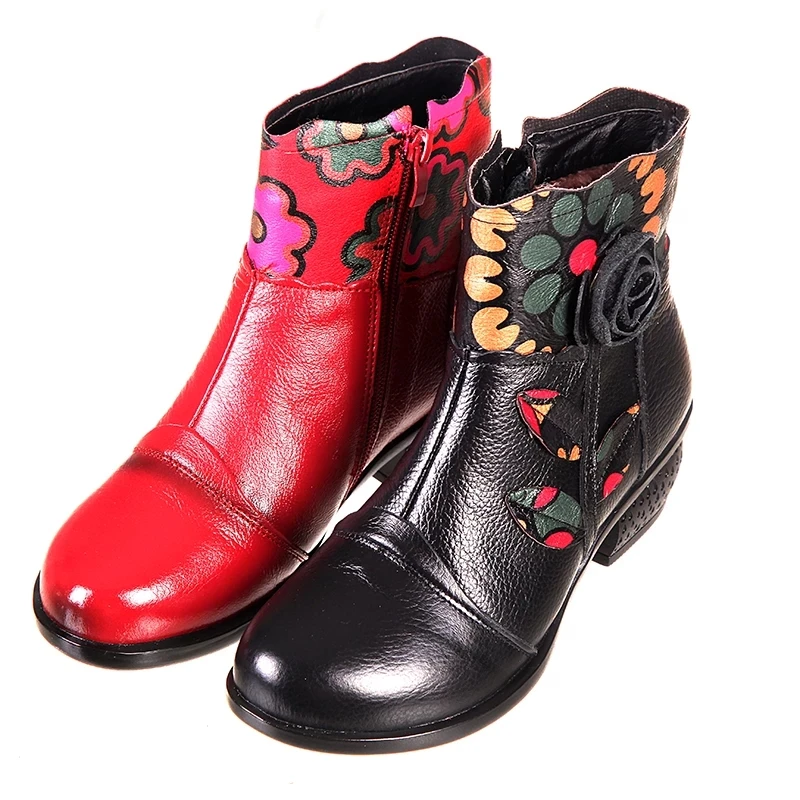 Xiuteng Retro Bohemian Women Boots Printed Genuine Leather Ankle Boots Vintage Motorcycle Booties Ladies Shoes Woman 2022