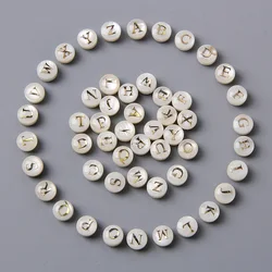 26pcs/lot Cross/Vertical Hole 8mm Round  Gold Color Letter White Shell Beads Charm Pendant Bracelet Accessories Jewelry Making