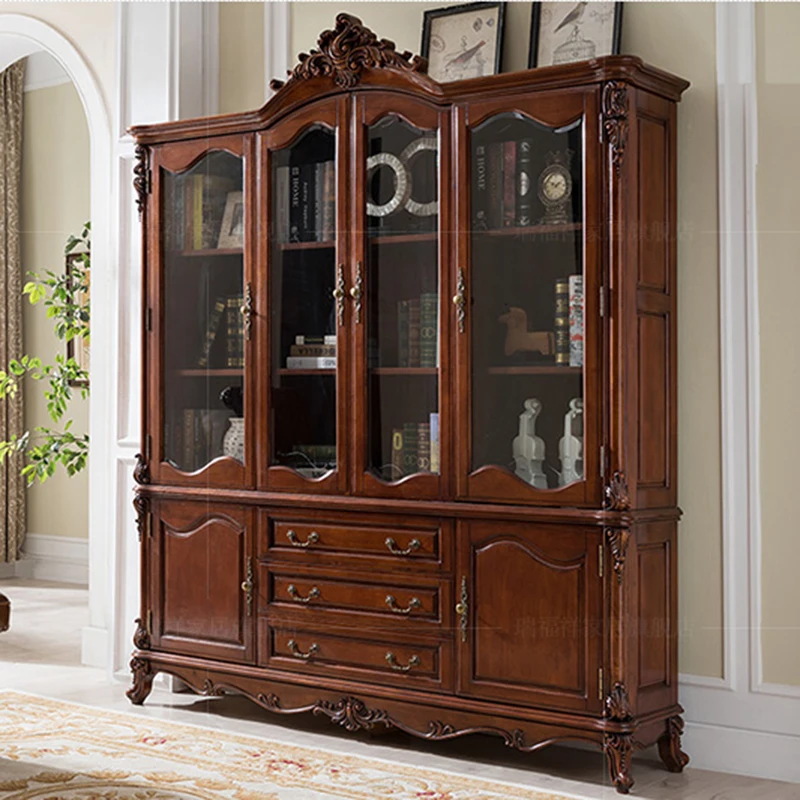 American Solid Wood Bookcase with Glass Door Bookcase European Style Living Room Floor Rack Wine Cooler