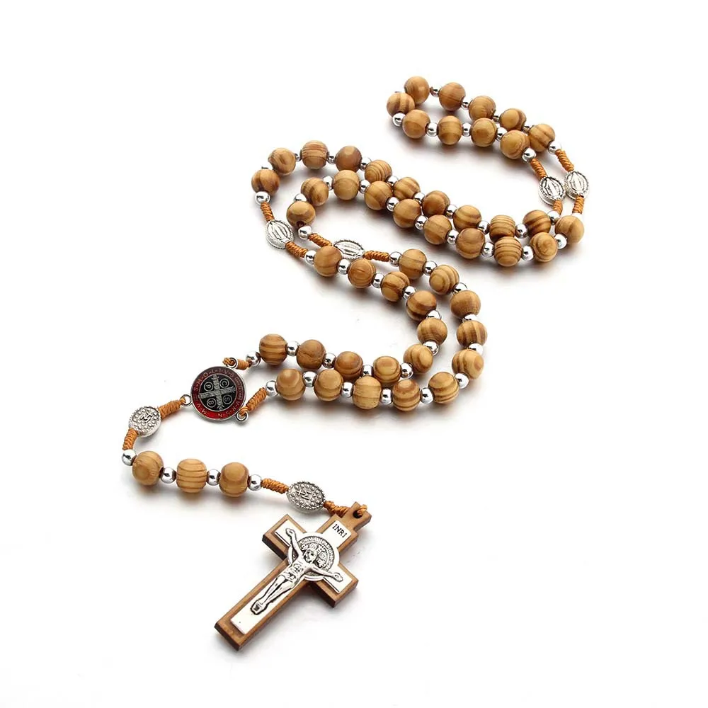 Natural Pine Cross Pendant Necklace Catholic Rosary Christian Religious Jesus Cross Exorcism Necklace Hand-woven Jewelry