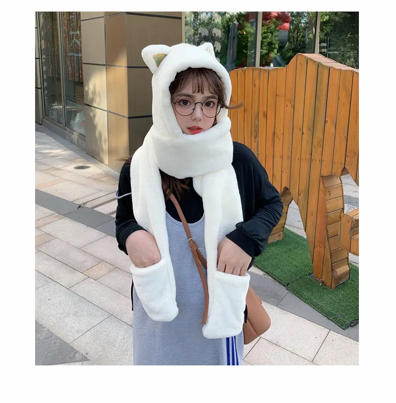 Harajuku Korean Japanese cute girl gloves cat bear ear scarf  hat gloves  one-piece cap winter warm plush shield  birthday gift