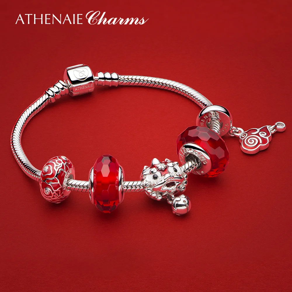 ATHENAIE 925 Sterling Silver Red Enamel Vintage Chinese Lucky Cloud Charms beads for Women Bracelet Necklace Christmas DEAL